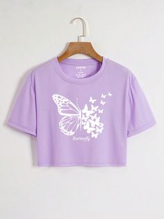 Mauve Purple Casual Collar Short Sleeve Fabric Letter,Butterfly  Embellished Slight Stretch  Women Clothing Cool Shirts Women, Butterfly Shirt Outfit, Cute Aesthetic Tops, Cute Cropped Shirts, Purple Shirts, Butterfly Clothes, Cute Outfits With Shorts, Butterfly Shirt