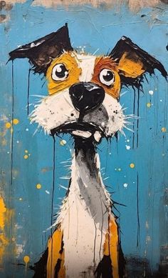 a painting of a dog with tears on it's face and nose, sitting in front of a blue background