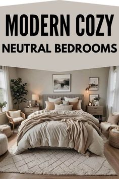 modern cozy neutral bedroom with white and beige decor