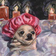 a painting of a dog wearing a red hat with candles in the back ground behind it