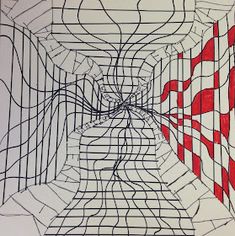 an abstract drawing with lines and shapes in red, black and white colors on paper