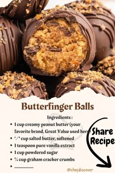 chocolate covered peanut butter balls are stacked on top of each other with the words butterfingerer balls below it