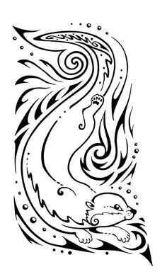 a black and white drawing of a bird with swirls on it's wings