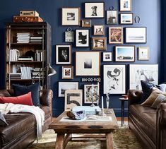 a living room filled with lots of furniture and pictures on the wall above it's coffee table