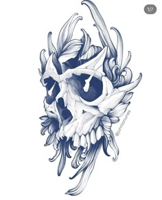 a drawing of a skull with flowers on it