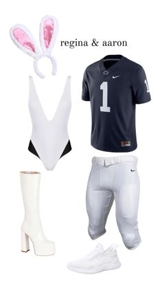 an image of a football uniform and bunny ears on the head, with text reading regia & aaron