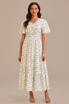 White Floral Short Sleeve V Neck Tiered Maxi Dress Church Dress Outfit, Church Dresses, Button Front Dress, Tiered Maxi Dress, Floral Short, Dress Picture, Classy Outfits, Bridesmaid Dresses, Dress Outfits