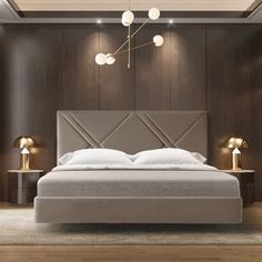 a modern bedroom with wood paneled walls and white bedding, along with two lamps on either side of the bed