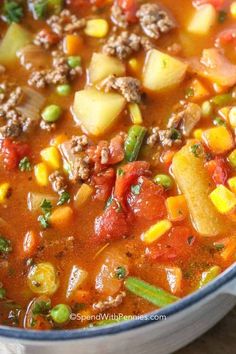 a close up of a bowl of soup with meat and vegetables