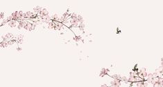 a pink flowered branch with a bird flying in the sky next to it on a white background