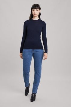 A perfect everday garment, The Merino Wool Sweater is a versatile, easy to layer piece that belongs in every women's wardrobe. Knitted from 100% traceable, extra-fine Merino wool, this lightweight, slim fit crewneck goes with just about anything. Don it with a pair of jeans or pull it over a shirt, regardless it's made to stand the test of time so you can wear it over and over. Merino Wool Sweater, Women's Wardrobe, Wool Sweater, Yarn Dyeing, Dark Navy, Wool Sweaters, Every Woman, Crew Neck Sweater, Knit Jersey