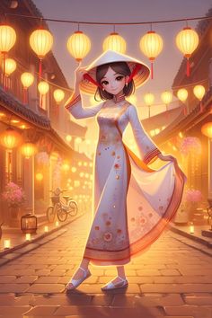 Step into the enchanting world of 'Cute Vietnamese Traditions' as our adorable girl gracefully dons the Ao Dai, a traditional Vietnamese dress, paired with a charming conical hat. Watch her dance under the lantern-lit evening, radiating cuteness and the warmth of Vietnamese culture. 🌙🏮 #CuteVietnameseGirl #AoDai #FolkDance #VietnameseTraditions #CuteAesthetic #TraditionalFashion #CuteIllustration #VietnameseCulture Cute Illustration