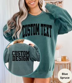 Add a personal piece to your wardrobe with your own custom text Comfort Colors crewneck sweatshirt. Add your personalized text, design, logo! A perfect and simple gift for him and her. ⭐ ✦ KEY FEATURES Comfort Colors 1566  UNISEX (NOT WOMEN'S SIZE) relaxed fit, medium-heavy fabric sweatshirt. Made from 80% ring-spun cotton, 20% polyester. For an oversized look, please go up 2 or 3x your normal size according to your needs. ✦ SIZING Please refer to the sizing chart in the pictures above to find your perfect fit.   ✦ RETURNS AND EXCHANGES Not accepted. All sales are final due to customization of product. If anything is wrong with your item, please send me a photo and I will be happy to make it right :).  ✦ CHANGES TO YOUR ALREADY SUBMITTED ORDER You may message me directly if you would like Customizable Crew Neck Sweater For Fall, Fan Apparel Sweater With Letter Print, Crew Neck Cotton Tops With Custom Logo, Cotton Crew Neck Tops With Custom Logo, Customizable Cotton Sweatshirt For Fans, Custom Print Crew Neck Top For College, Crew Neck Hoodie With Custom Print For Fall, Casual Customizable Sublimation Design, Customizable Relaxed Fit Casual Sweatshirt