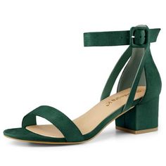 These high heels features an open toe with the ankle straps, and heels with suede covering ends. They are finished with the buckle closure, which makes them easy to wear on and off. They are easy to be paired with jeans or a skirt for a casual look and great for both going out and going to work. Ankle Strap Chunky Heels, Back To School Shoes, Green Heels, Womens Chunky Heels, Low Heel Sandals, Chunky Heels Sandals, Open Toe Shoes, Prom Shoes, Fashion Sandals