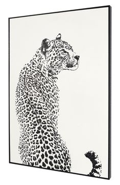 a black and white drawing of a cheetah sitting on the side of a wall