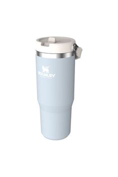 thermos travel mug is shown in light blue