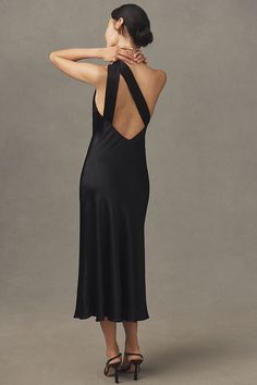 With a sophisticated silhouette, the BHLDN Nicoletta One-Shoulder Scarf Satin Midi Dress radiates a refreshing and feminine essence. With a removable scarf and draped satin fabrication, you'll feel endlessly elegant. | Nicoletta One-Shoulder Scarf Satin Midi Dress by BHLDN in Black, Women's, Size: XL, Polyester/Viscose/Elastane at Anthropologie Elegant Silk Dress With Asymmetrical Neckline For Evening, Elegant Silk Dress With Asymmetrical Neckline, Elegant Silk Dress With Asymmetrical Neckline For Party, Elegant Satin Dress With Asymmetrical Neckline For Summer, Chic Silk Dress With Asymmetrical Neckline, Elegant Satin Midi Dress With Asymmetrical Neckline, Elegant Satin Dress With Asymmetrical Neckline For Spring, Chic Satin Dress With Asymmetrical Neckline For Formal Occasions, Satin Dress With Asymmetrical Neckline For Evening