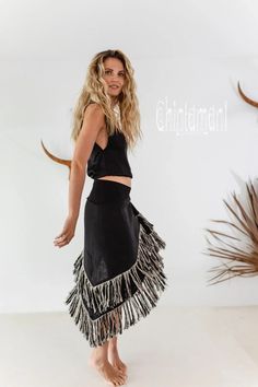 Linen Boho Wrap Skirt with Fringes / Black - ChintamaniAlchemi Medieval Gown, Character Fashion, Fashion Queen