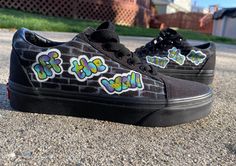 These Old School Vans are completely hand painted with permanent paint and a finisher for protection. They are extremely wearable but still get noticed and receive compliments whenever worn! This pair has the painting on the out facing part of the shoe and the rest remains untouched. I remove the vans wave on the one side and paint the design. If you are interested in this design but with different colors just message me! - Each pair is made to order -Be sure of what size you are ordering by either trying on a pair of Old Skool Vans or going straight to the vans website to determine your correct size (all mens sizes) -I do not accept returns or exchanges, but if there is an issue don't hesitate to send me an email to discuss and rectify the situation These shoes are authentic Vans. Both th Casual Multicolor Custom Artwork Sneakers, Hand Painted Custom Sneakers For Streetwear, Casual Black Sneakers With Graffiti Print, Black Custom Sneakers With Paint Splatter For Streetwear, Casual Black Custom Sneakers With Paint Splatter, Black Hand Painted Custom Sneakers With Round Toe, Artistic Black Sneakers With Custom Artwork, Black Sneakers With Custom Artwork For Streetwear, Black Casual Sneakers With Custom Artwork