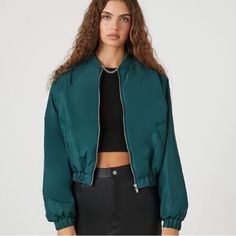 Forever 21 Hunter Green Cropped Bomber Jacket New With Tags, Never Worn Size Small - This Jacket Has An Oversized Fit With Dropped Sleeves. Balloon/Puff Fit. Hunter Green Woven Bomber Jacket Featuring A Flat Collar, Zip-Up Front, Front Pockets, Dropped Long Sleeves, Elasticized Trim, And A Cropped Hem. 100% Polyester Handwash Cold Trendy Cropped Jacket For Fall, Forever 21 Trendy Cropped Jacket For Spring, Trendy Forever 21 Cropped Jacket For Spring, Trendy Spring Cropped Jacket By Forever 21, Trendy Spring Cropped Jacket From Forever 21, Forever 21 Fall Streetwear Outerwear, Trendy Green Outerwear, Trendy Workwear Outerwear From Forever 21, Trendy Green Cropped Jacket For Fall