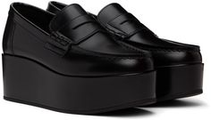 Buffed leather loafers in black. · Blanket stitching at moc toe · Logo embossed at padded leather footbed · Covered platform midsole · Smooth rubber sole · Platform: H2.25 Supplier color: Black Black Calf Leather Platform Loafers With Rubber Sole, Black Calf Leather Platform Loafers With Lug Sole, Calf Leather Platform Loafers With Textured Sole For Office, Office Platform Loafers With Textured Sole In Calf Leather, Business Loafers With Platform In Calf Leather, Business Calf Leather Platform Loafers, Calf Leather Platform Loafers For Business, Business Platform Loafers In Calf Leather, Calf Leather Platform Loafers For Work