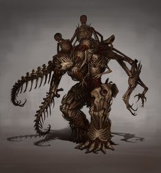 an alien creature standing in front of a skeleton with two people on it's back