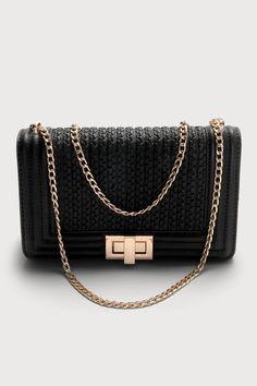 Meet up with the girls in chic style with the Lulus Let's Go Out Later Black Braided Crossbody Bag! Faux leather shapes this trendy structured crossbody bag that has braided accents and a shiny gold turn clasp with matching chain strap. The roomy interior has a zippered side pocket and three sidewall pockets that are perfect for stashing those cards you always need handy! Lined. Bag Measures 9" Wide, 6" Tall, And 3" Deep. Adjustable 45" Gold Chain Strap. Chain Strap Has A Drop Between 12. 5" And Black Box Bag Clutch With Chain Strap, Black Purse With Gold Chain, Black Clutch With Chain Strap, Black Crossbody Clutch With Chain Strap, Black Crossbody Wallet With Gold-tone Hardware, Lulu Fashion, Black Braids, Cute Bag, Chain Strap