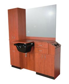 a bathroom vanity with mirror, sink and cabinets