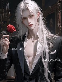 a woman with long white hair holding a red rose in her right hand and wearing a black suit