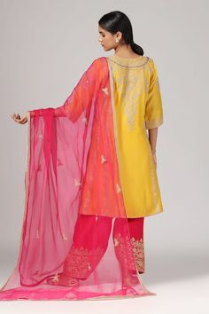 Yellow silk chanderi kurta with zari and aari embroidery. Comes with red salwar and an organza dupatta. - Aza Fashions Yellow Kurta, Salwar Pattern, Aari Embroidery, Yellow Silk, Organza Dupatta, Set For Women, Aza Fashion, Three Quarter, Types Of Sleeves