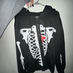 Never Really Worn, Brand New Just Looking To Get Rid Of Black Long Sleeve Sweatshirt With Skull Print, Black Skull Print Sweatshirt For Winter, Grunge Skull Print Hoodie For Fall, Black Hooded Emo Sweatshirt, Black Skull Sweatshirt For Halloween, Edgy Skull Print Sweatshirt For Winter, Halloween Skull Sweatshirt In Black, Black Halloween Sweatshirt With Skull, Black Skull Hoodie For Halloween