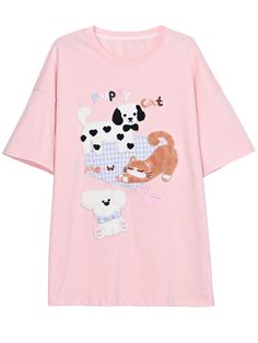 Embrace your love for adorable animals with this charming round-neck T-shirt featuring cute puppies and kittens. The loose fit provides a comfortable and relaxed look, perfect for casual outings and lounging.   Please note that this product includes only one T-shirt. Garment Size SizeSMLFull Length656769Bust108112116Shoulders586062Sleeve Length16.51717.5Hem Circumference118122126Cuff4142.243.4 Playful Cat Design Crew Neck T-shirt, Playful Crew Neck T-shirt With Cat Design, Playful Cotton T-shirt With Cat Design, Trendy Crew Neck T-shirt With Dog Print, Playful Cotton Cat Print T-shirt, Playful Cotton T-shirt With Cat Print, Pink Kawaii T-shirt With Cat Design, Cute Short Sleeve T-shirt With Cat Print, Playful Short Sleeve T-shirt With Cat Design