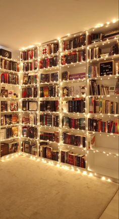 a book shelf filled with lots of books and lights on top of it's sides