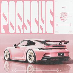 a pink sports car is shown in front of a white background with the words porsche on it