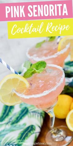 two pink lemonade cocktails with mint garnish on the rim and text overlay