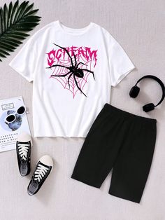 Teen Girl Casual Spider & Letter Print Short Sleeve Round Neck T-Shirt And Black Shorts 2pcs Set, For Summer Multicolor Casual  Long Sleeve Knitted Fabric Graphic,Letter  Slight Stretch  Teen Girls Clothing, size features are:Bust: ,Length: ,Sleeve Length: Teen Squad Shirts, Short Noir, Drawstring Waist Shorts, Teen Girls, Casual Girl, Girls Clothing, Long Sleeve Knit, Black Shorts