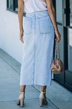 Sky Blue Buttoned Wrap Maxi Denim Skirt Maxi Denim Skirt, Luxe Aesthetic, Long Wrap Skirt, Blue Denim Skirt, Denim Maxi Skirt, Ribbed Knit Top, Light Blue Denim, Wrap Skirt, Petticoat