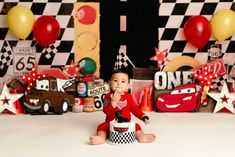 Boys first birthday car themed cake smash photoshoot Pixar Cars Birthday Photoshoot, Lighting Mcqueen Photoshoot, Race Car 1st Birthday Photoshoot, Race Car Themed Photoshoot, Cars Smash Cake Disney, Cars Photoshoot Kids, Disney Cars Photoshoot, Lightning Mcqueen Smash Cake, First Birthday Cars Theme