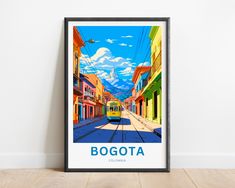 an art print of a street scene with a trolley on the tracks and buildings in the background