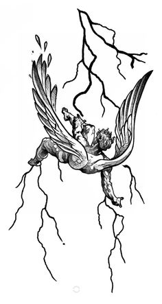 a black and white drawing of a bird flying through the air with lightning behind it