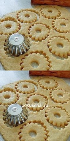 two pictures of the inside of a cookie being made with pastry cutters and dough