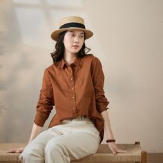 Comfortable, One of Kind. Blouses online shop,|Hand Wash|Spring/Fall|L|M|Salt Red|Solid Color|Pocket|Lapel|Cotton|Regular|Long Sleeve|Casual Classic Shirt With Pockets For Day Out, Summer Blouse With Pockets For Everyday Wear, Brown Cotton Blouse For Work, Brown Cotton Workwear Blouse, Classic Blouse With Pockets For Day Out, Spring Brown Shirt For Workwear, Brown Shirt For Spring Workwear, Casual Brown Workwear Blouse, Summer Workwear Brown Blouse