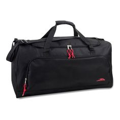 a black duffel bag with red handles