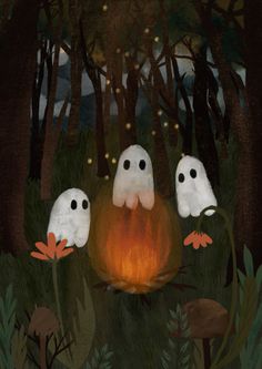 three ghost like creatures sitting around a campfire in the woods