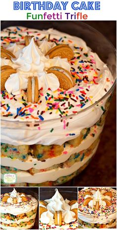 an advertisement for a birthday cake with sprinkles and cookies on it's top