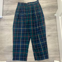 New With Tag Urban Outfitters Urban Renewal Remnants High Waist Green And Blue Plaid Trouser Straight Leg Size Xl Blue Plaid Pants Women, Fitted Green Bottoms From Urban Outfitters, Urban Outfitters Blue Wide Leg Bottoms, Blue Wide Leg Bottoms From Urban Outfitters, Urban Outfitters Fitted Work Pants, Fitted Urban Outfitters Pants For Work, Plaid Trousers, Urban Outfitters Pants, Urban Renewal