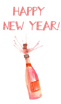 a watercolor drawing of a bottle with the words happy new year written on it