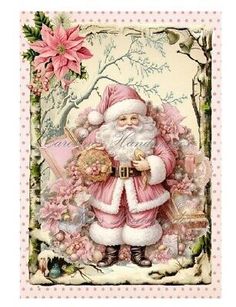 a christmas card with a santa clause holding a bouquet of flowers and a pink poinsettia