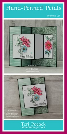 two cards with flowers on them and the words hand - painted petals