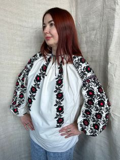 Amazing vintage Romanian blouse! Heavy embroidered one Saturated colours  Has a great contrast with bleache fabric   Handimade embroidery    Great  vintage condition  Will suit to and S-L size Long-sleeved Cotton Blouse With Embroidered Hem, Long Sleeve Cotton Blouse With Embroidered Hem, Cotton Blouse With Embroidered Hem And Long Sleeves, Folk Style Cotton Fabric With Embroidered Border, Folk Style Long Sleeve Top With Geometric Embroidery, Traditional Long Sleeve Shirt With Floral Embroidery, Traditional Long Sleeve Shirt With Intricate Embroidery, Traditional Cotton Shirt With Intricate Embroidery, White Embroidered Cotton Tunic Top